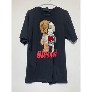 Rebel Vengenance Mens Size XL Black Graphic Knitted Bear Short Sleeve Shirt